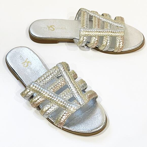 NEW Yosi Samra 9 Molly Braided Leather Slide Sandals Metallic Anthropologie NWOT - Picture 1 of 8